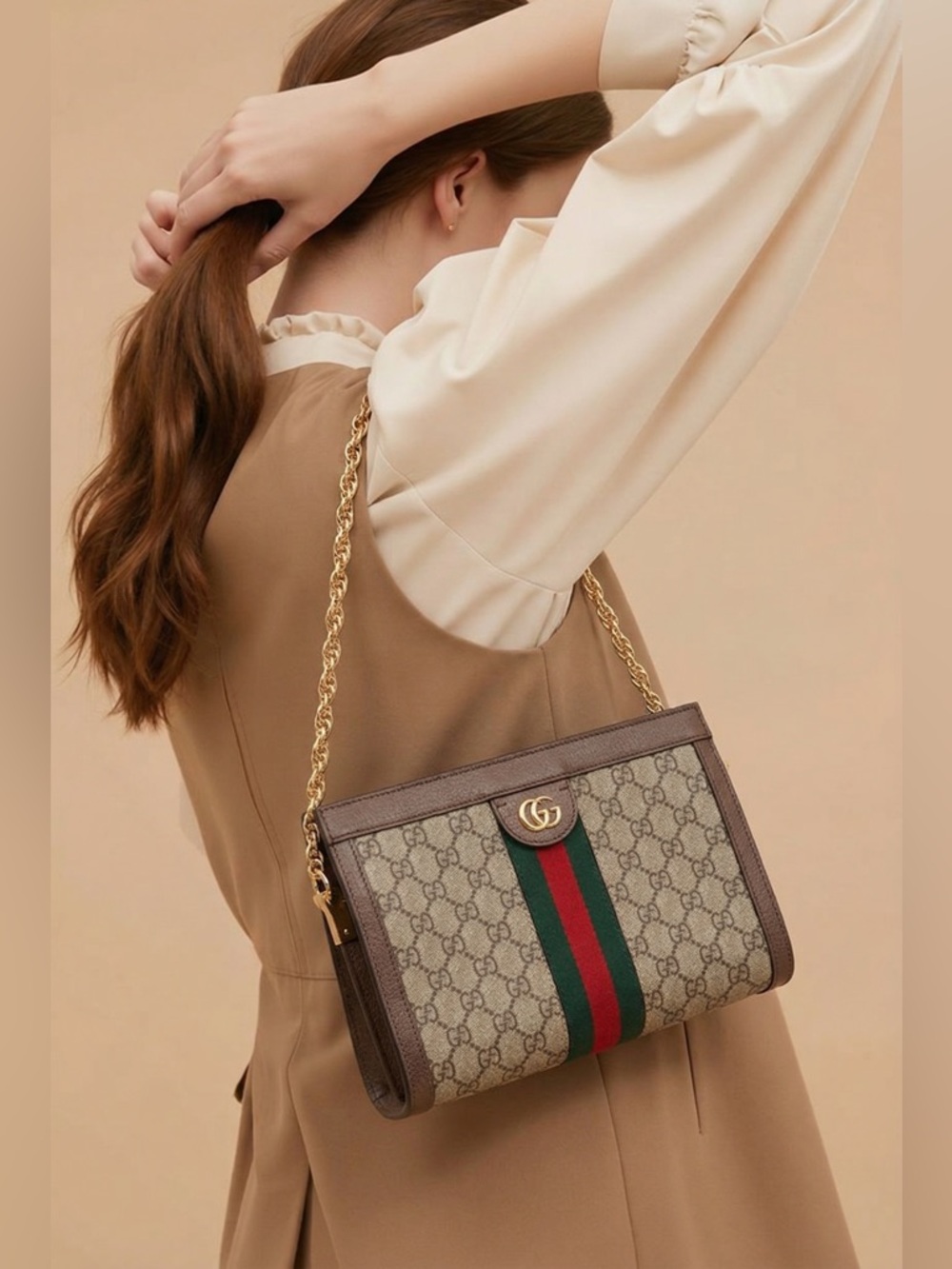 Gucci Beige Monogram Shoulder Bag with Green & Red Web Stripe - Picture 3 of 8